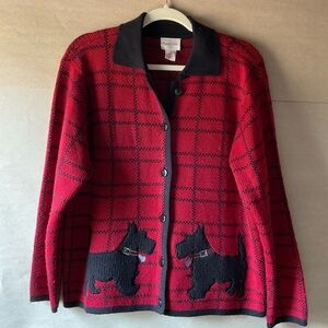 Crystal Kobe Red Plaid Cardigan with Dog Appliqué. Size M.